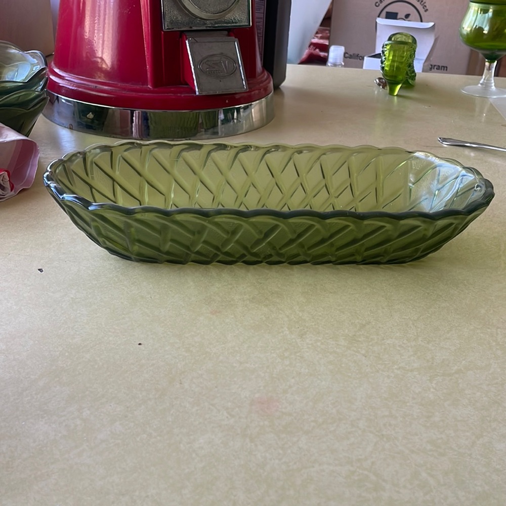 Vintage Green Lattice Glass Oblong Serving Dish